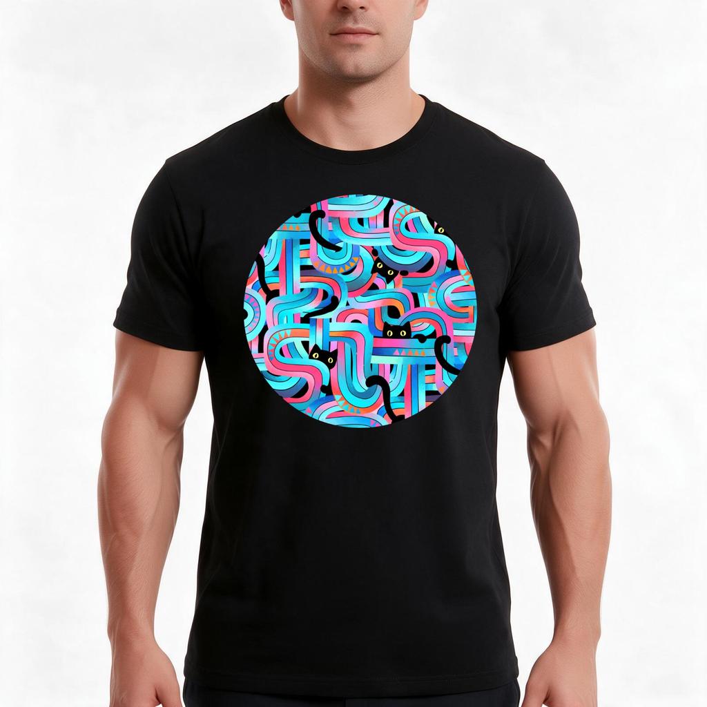Geo Cats Maze In Pink And Blue Tshirt Summer Casual Cotton Tee Oversized Streetwear Tops Vintage Graphic Print 100 Cotton