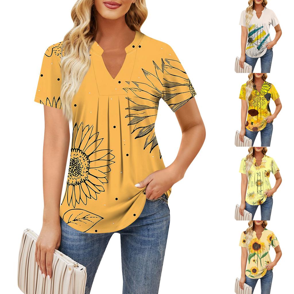 Women's Short Sleeve Casual V-neck Chest Pleated Printed Loose T-shirt Top
