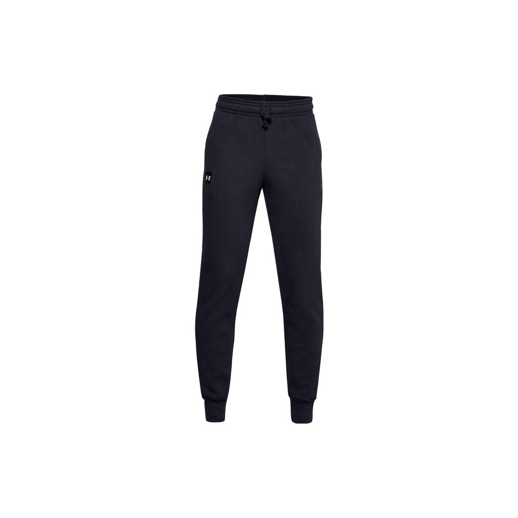 Under Armour Детские трикотажные спортивные штаны с однотонным принтом логотипа и манжетами на завязках, детские штаны черного цвета 1357628-001