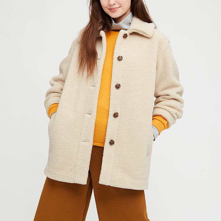 Uniqlo Однотонная плюшевая куртка с длинным рукавом из искусственного мутона для женщин, верхняя одежда, бежевая 431314-30