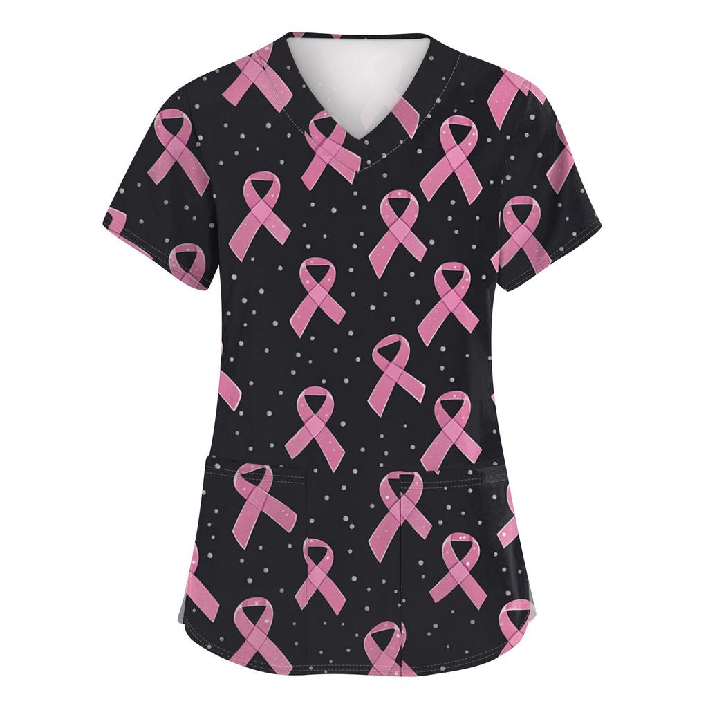 Женская модная футболка с короткими рукавами и v-образным вырезом с принтом, маленькая рабочая футболка с карманами