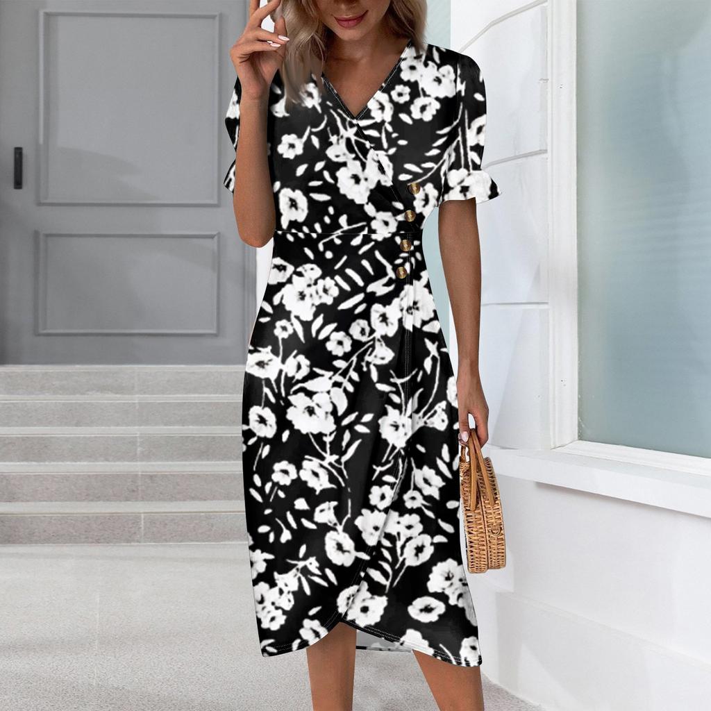 Пляжные платья для женщин, весна-лето, элегантное платье с V-образным вырезом и цветочным принтом в стиле бохо, струящееся гавайское платье макси с рюшами