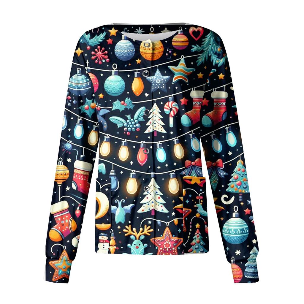 Women's Casual Long Sleeve Single Breasted Christmas Printed Dry-nurse Top