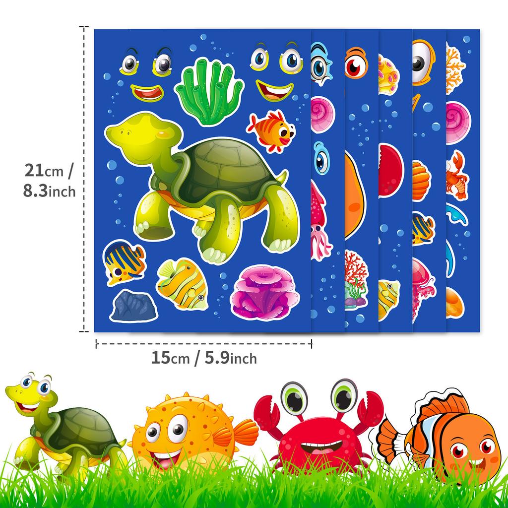 6 Фото/Наклейки-меняющие лица с морскими животными Baotian для новых детских игрушек-пазлов, многоразовые наклейки-пазлы