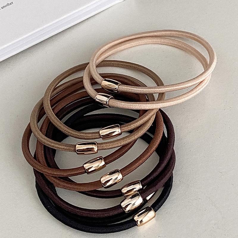 Set of 2 Korean Style Coffee Color Elastic Hair Bands with Gold Beads