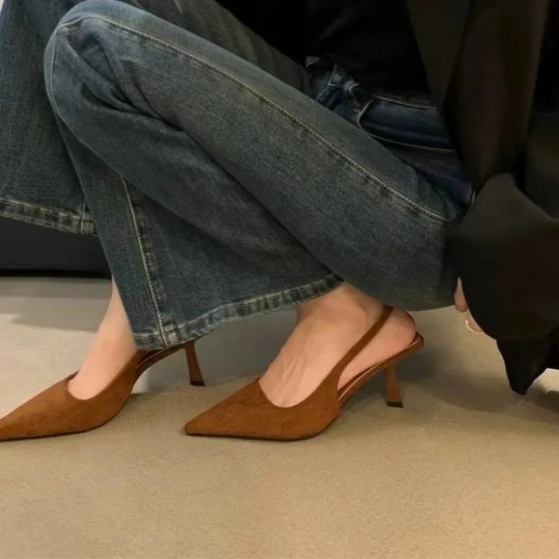 Fashion 2024 New Women's Shoes One-line Fine Heel Pointed Toe Women Sandals Suede High Heels Slingback Women Sandals Zapatos De Mujer