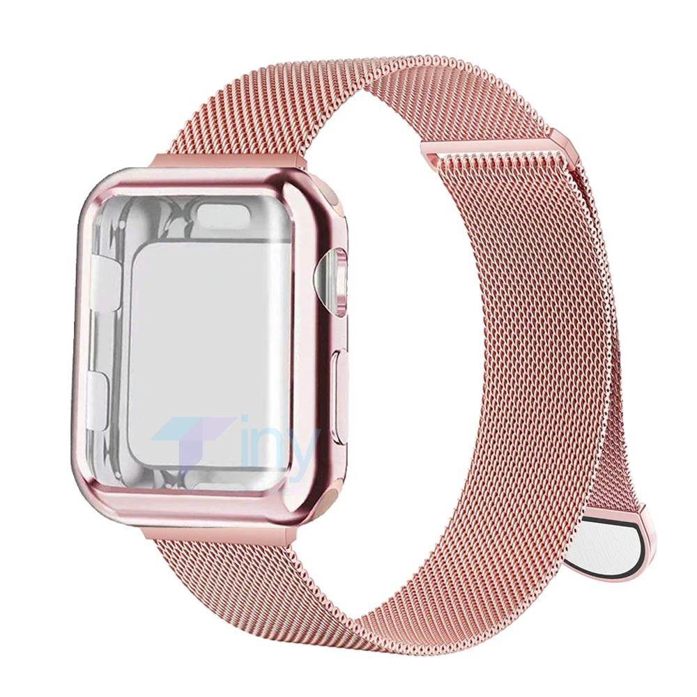 Миланский ремешок + Чехол для Apple Watch Band 46мм 42мм 49мм 40 44мм 41 45мм Защита экрана для Iwatch Ultra2 Серии 11 10 9 8 7 6 SE