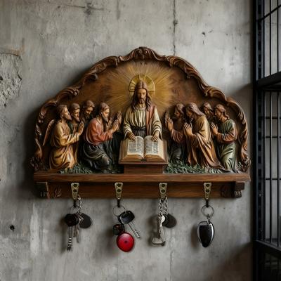 Настенный держатель для ключей Деревянная резьба Тематика Иисуса Органайзер для ключей Многоцелевой Декоративный крючок-вешалка для ключей для дома, офиса, прихожей
