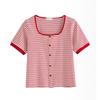 Модная полосатая футболка для женщин с коротким рукавом и воротом, летняя, новая, контрастная, универсальная, с пуговицами