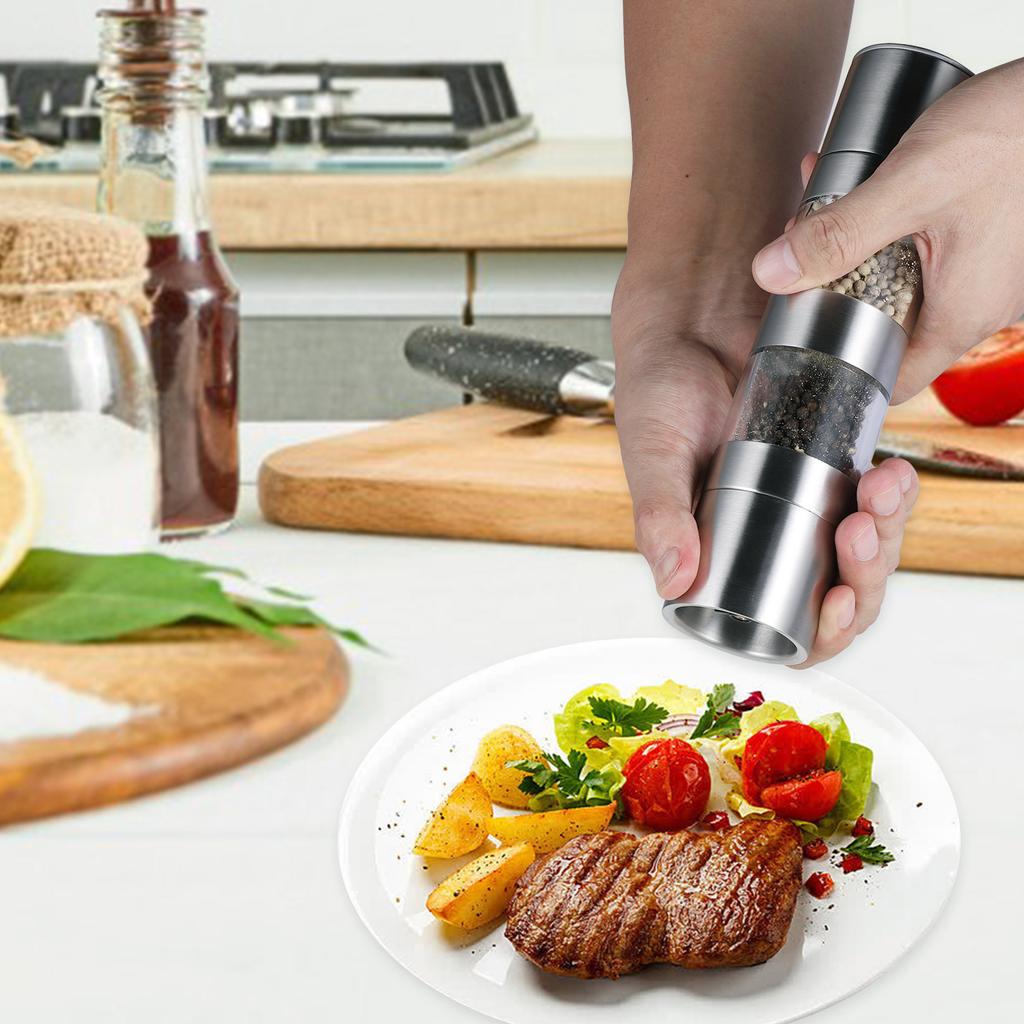 Ручная двухсторонняя мельница для перца из нержавеющей стали, регулируемая, контейнер для приправ, кухонные инструменты для измельчения