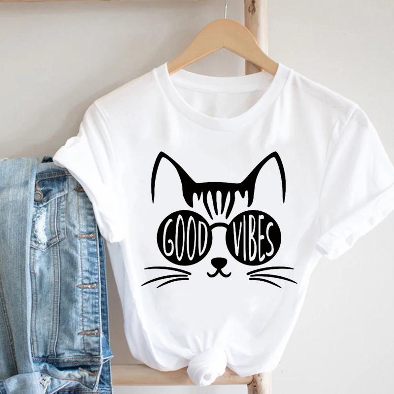 Женская футболка с принтом Love Heartbeat, милый кот, летняя модная футболка с коротким рукавом, женская женская одежда, повседневная футболка с рисунком