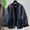 Women's Autumn Winter PU Leather Plus Size Jacket Solid Color Zipper Round Neck Coat
