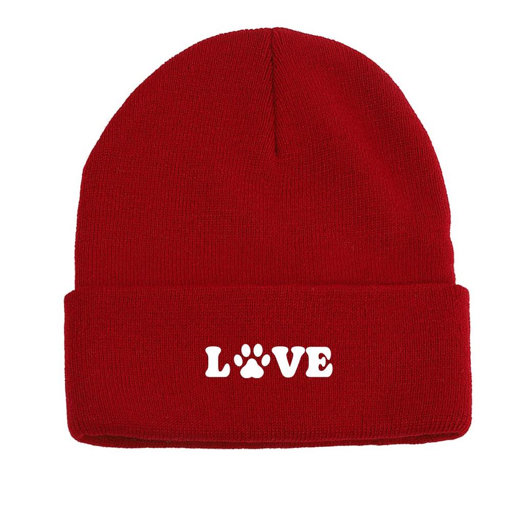 LOVE" Dog Paw Print Print Knit Hat Beanie, Animal Woman Cap Cuff Fit Trendy Gorro Knitted Cap Beanie