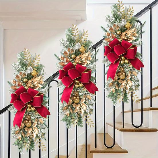 Christmas Stair Garland with Faux Snow Pine Cones Ribbon Realistic PVC Christmas Wreath for Indoor Decor Staircase Door Mantel Decoration