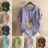 Women's Fashion Flower Prined Round Neck Short Sleeve T-shirt Casual Cotton Linen Graphic Shirt Leisure Loose Summer Blouse Tops