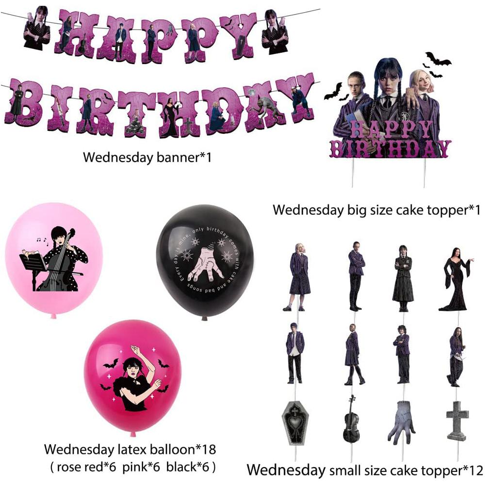 Украшения для вечеринки в честь дня рождения Уэнсдей Аддамс включают топпер для торта, баннер из воздушных шаров