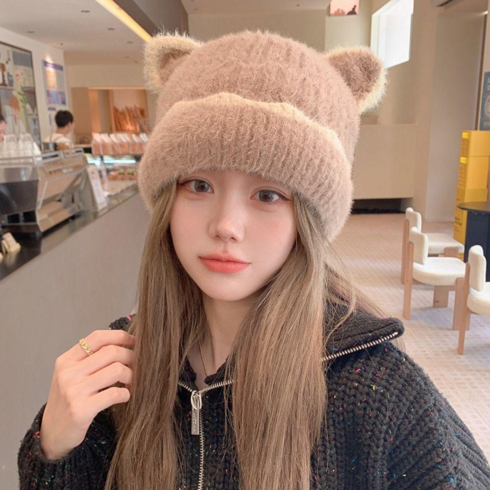 Solid Color Knitted Woolen Hat Keep Warm Cat Ear Skullies Soft Cat Ear Beanie  Girl