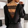 Sexy Fashion V-neck Back V-shaped White Blouse Hollow Lace Stitching Autumn And Winter Long-sleeved Shirt 124601