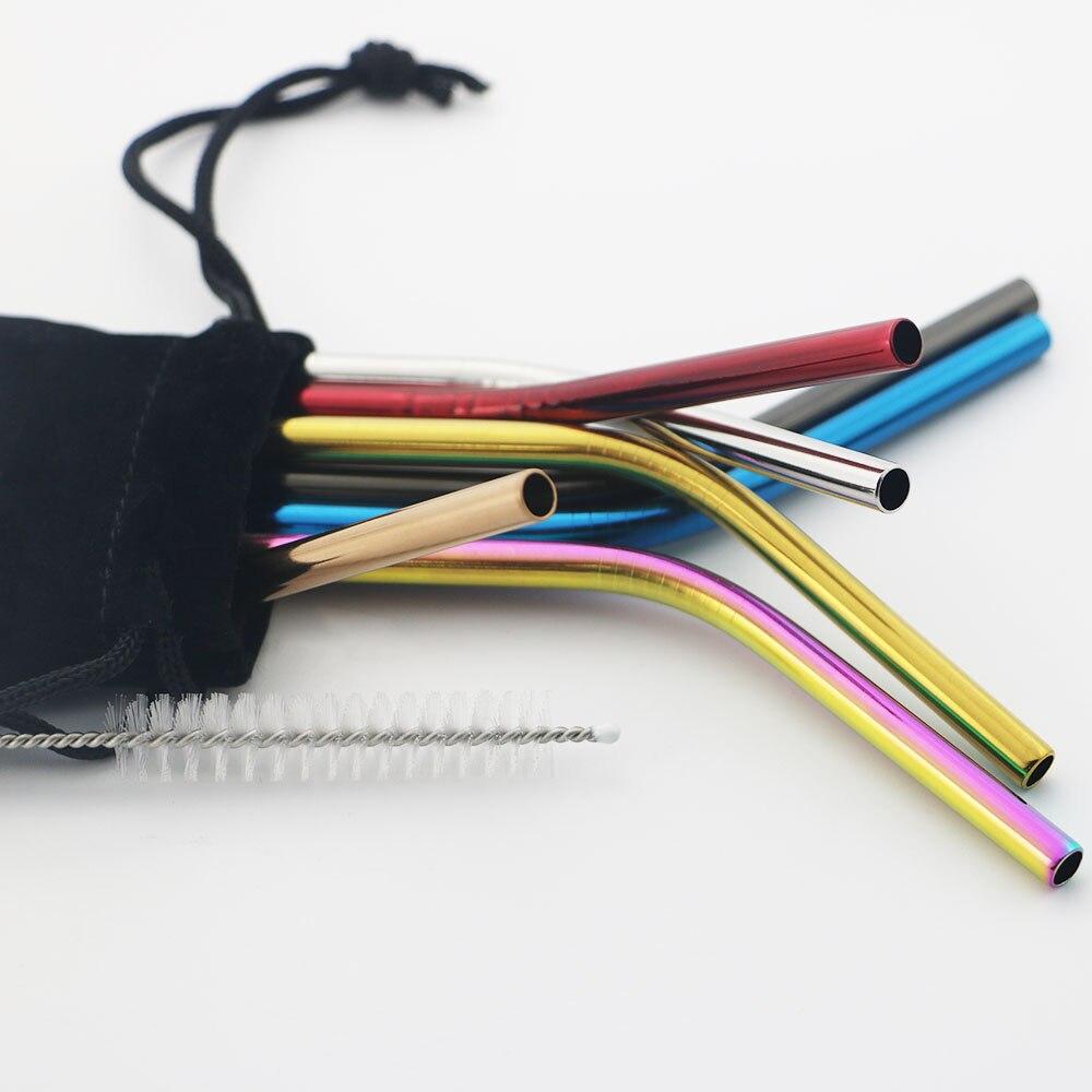Набор трубочек для питья из нержавеющей стали цвета радуги, многоразовые металлические соломинки, соломинки для пузырькового чая, сока с чистящей щеткой