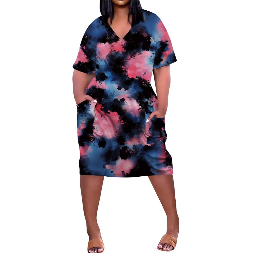 Summer Plus Size V Neck Short Sleeve Knee Pocket Print Casual Dress For Women