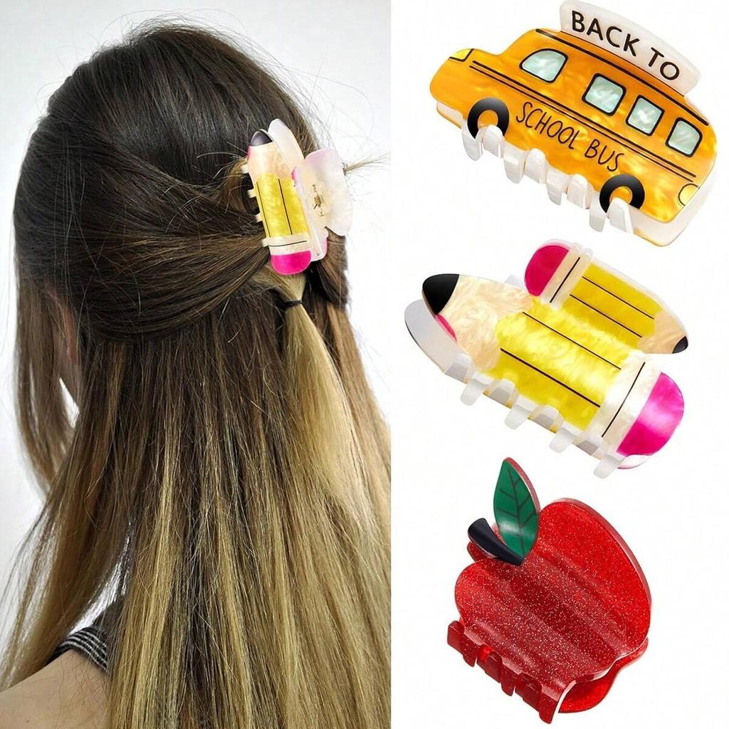 1pc Cartoon Small Cute Acrylic  Back-to-school Season School Bus, Pencil, Apple and Calculator Style Hairpin, Small Hair Claw