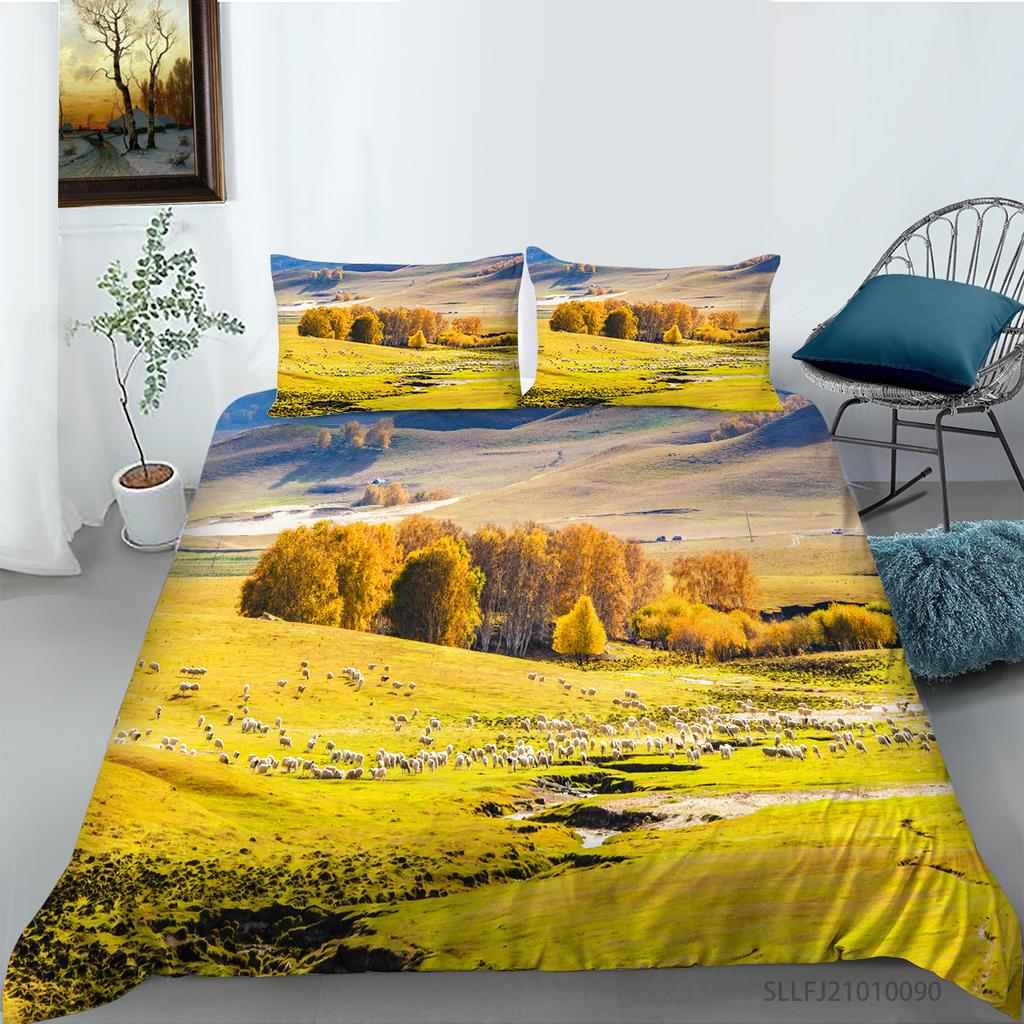 3D Forest Pattern Deluxe Home Bedding Set Full Size Quilt Cover and Pillowcase Landscape Print Washable and Comfortable Bedroom Bedding