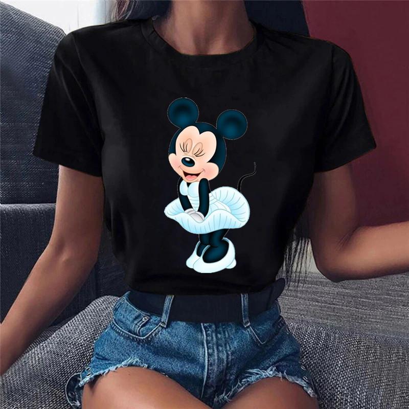 Unisex Pink Minnie Mouse Print T-Shirt Black Tops Summer Short Sleeve T-shirt Casual O-neck Tees Tshirt