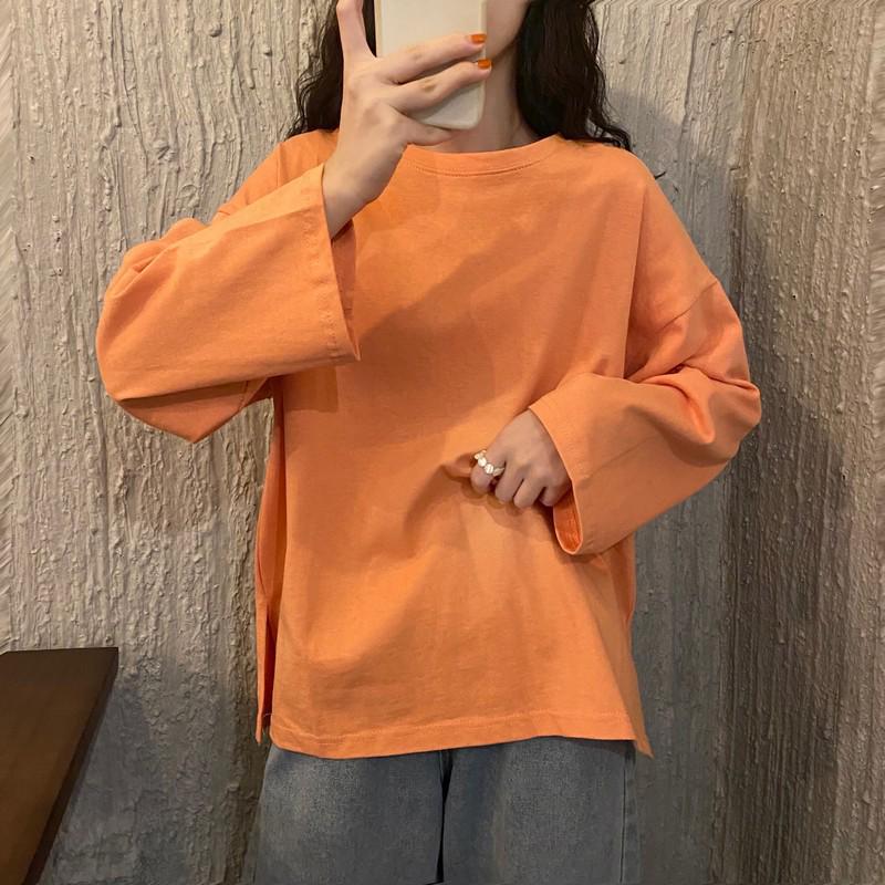 2025 Осень Женский свободный крой с длинными рукавами, однотонный, сладкий базовый топ