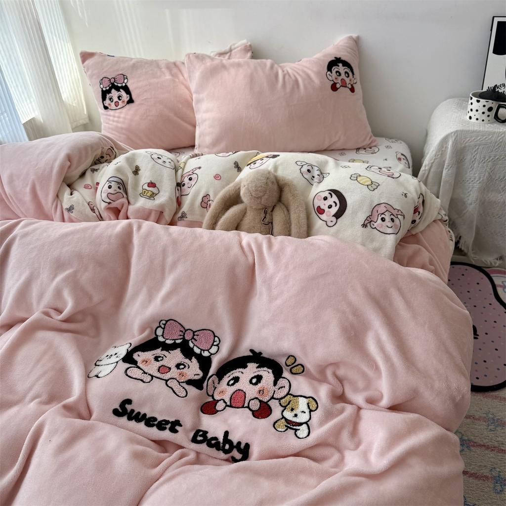 Korean Cartoon Towel Embroidered Milk Fleece FourPiece Set Winter Thickened Coral Fleece Quilt Cover Bed Sheet Girl Heart ThreePiece Set
