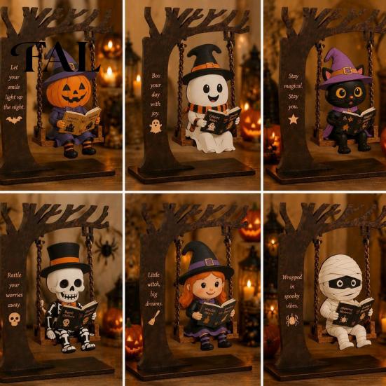 Indoor Outdoor Halloween Decorations Funny Swing Ornament, Witch/Skeleton/Mummy/Pumpkin Ghost Sitting on Hanging Decoration Reading Book Figurine for