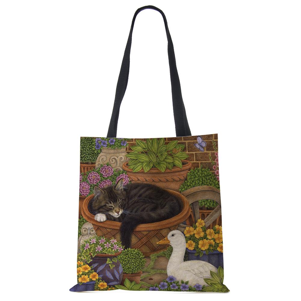 Cute Cat Flower Painting Print Womens Designer Tote Bags Women Handbag Large Shopping Bag Foldable For Groceries CLE
