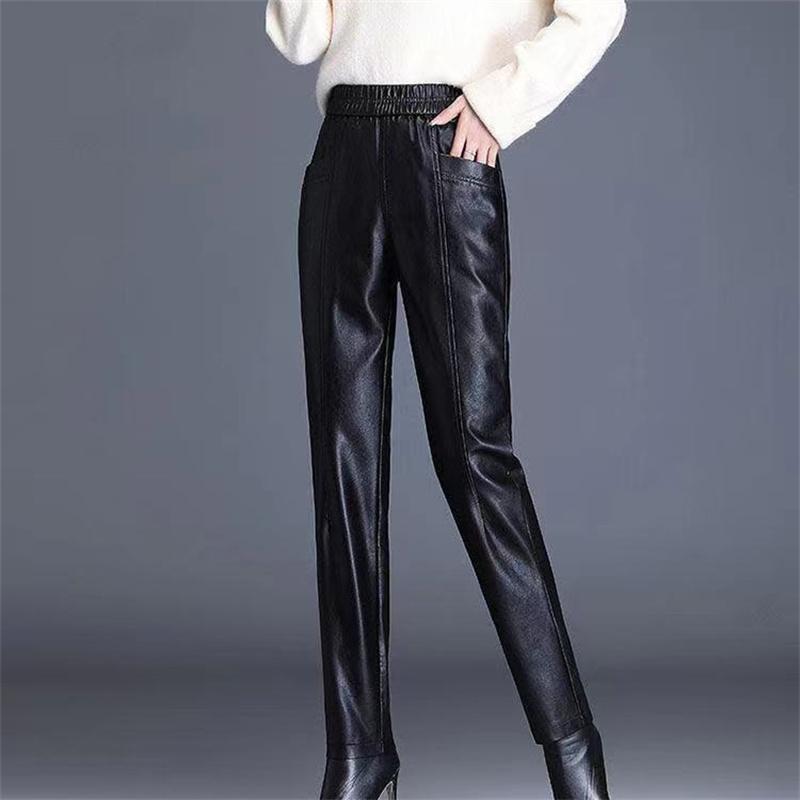 2022 New Fashion Slim Autumn Winter Warm Lady High Waist PU Velvet Loose Pencil Trousers Elegant Streetwear Women Leather Pants