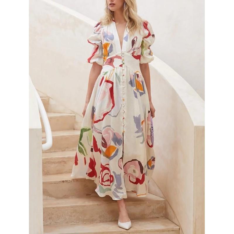 Womens Flowy Maxi Dress With V-Neck Floral Print High Waist Chiffon Lightweight Elegant Party Beach