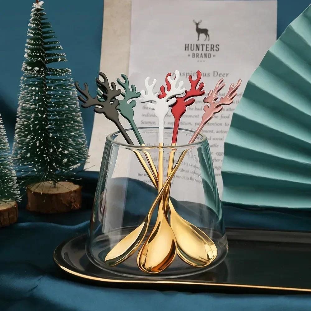 4pcs Stainless Steel Coffee Spoons Christmas Elk Head Design New Year Table Decoration Home Navidad Ornament Set