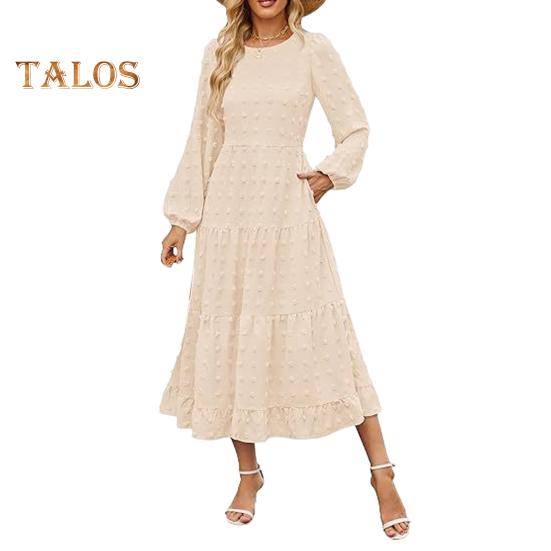 Платье для женщин осень-зима с длинными рукавами-фонариками, А-силуэтом, круглым вырезом, большим подолом, аппликацией в горошек, плиссированное, однотонное, для свиданий, поездок на работу, миди-платье