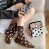 Polka Dot Socks, Women's Mid-calf Socks, Black Fungus Edge Pile Socks, Cotton Lace Long Calf Socks for Autumn and Winter, Women