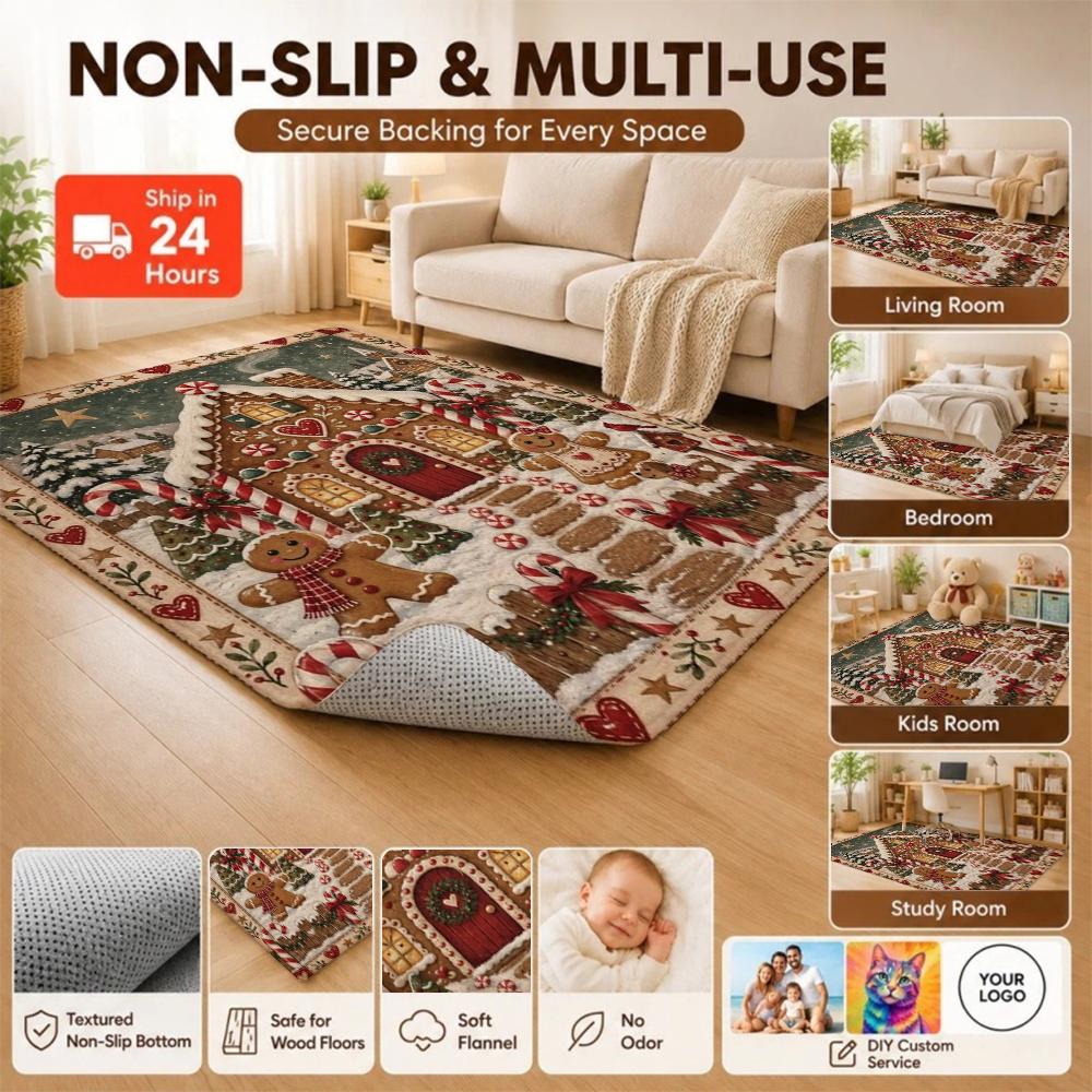 Cozy Christmas Gingerbread Cottage Patterned Rug Allseason Carpet For Study Reading Area Home Decor New Year Gift