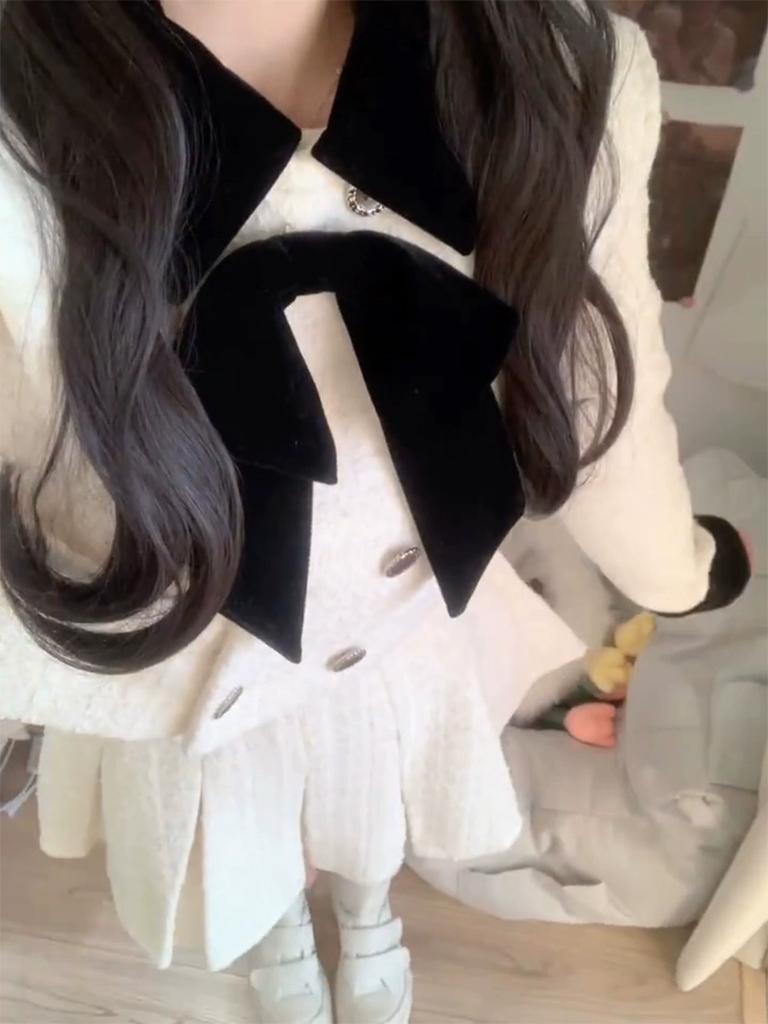 France Winter Elegant Party Two Piece Set Women Bow Short Coat + High Waisted Pleated Skirt Korea Chic Design Skirt Set 2024 New