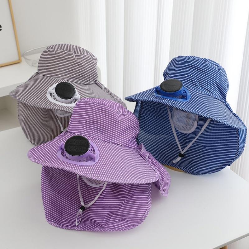 Spring and summer new striped sunscreen cap breathable shawl cap dry farm work tea picking cap solar charging fan sun hat