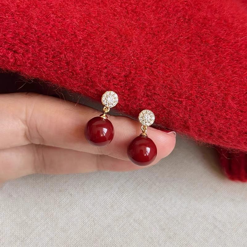 ANENJERY Серьги из искусственного жемчуга с геометрическим узором из красного вина и циркония для женщин, элегантные, темпераментные, ретро, элитные, нишевые серьги, ювелирные подарки