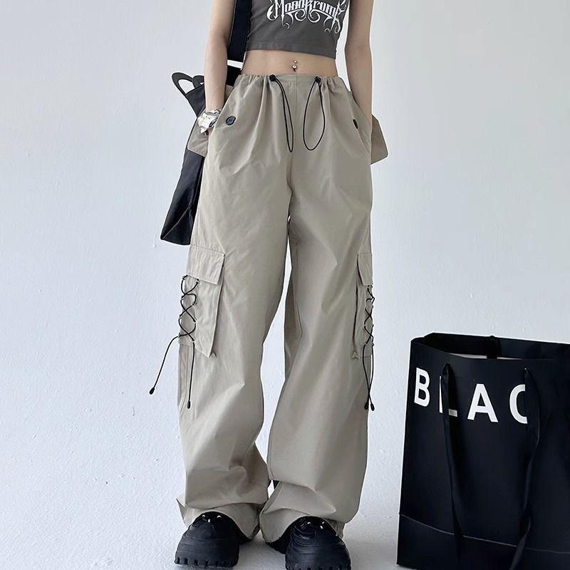 Женская одежда Y2K, брюки-карго, новинка 2024 года, летние повседневные свободные брюки цвета хаки, плиссированные прямые широкие брюки на шнурке