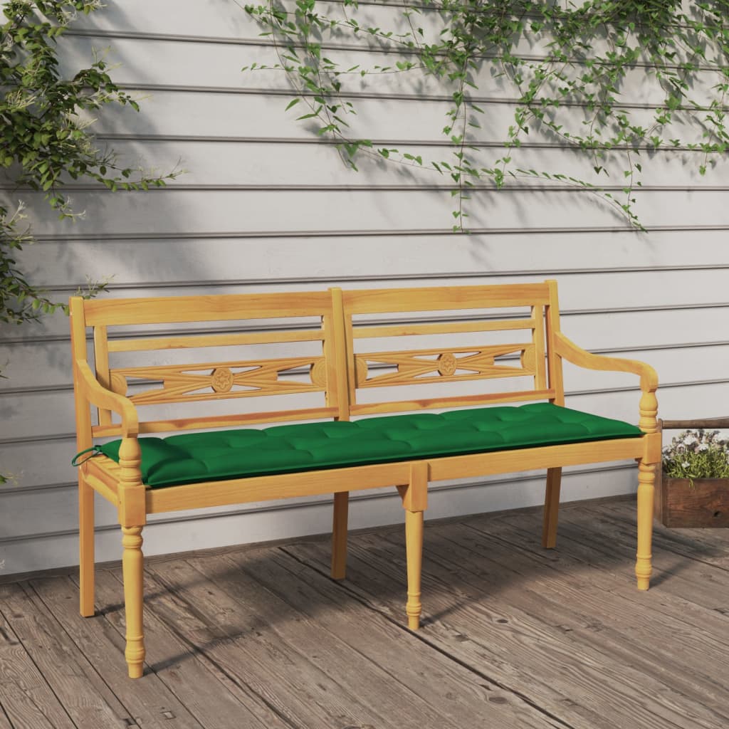 Vidaxl Ławka Batavia Z Zielona Poduszką, 150 Cm, Lite Drewno Tekowe