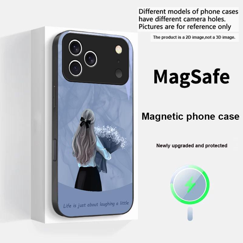 Девушка с цветами Для iPhone 17 Pro Max 16 E 15 14 13 Plus 12 mini 11 17 Air XR Xs Max 7 Plus Magsafe Стеклянный чехол для телефона