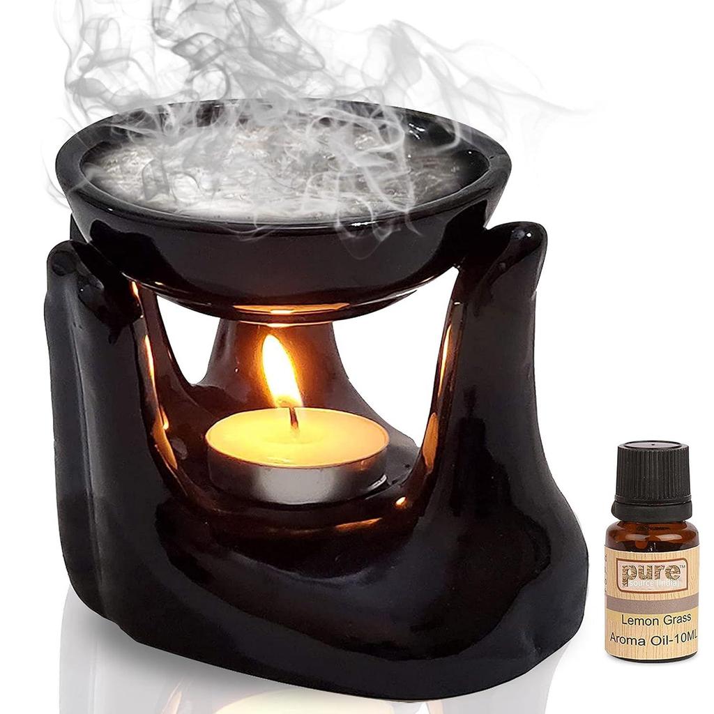 Ceramic Hand Type Aroma Diffuser Oil Burner with Lemon Grass Oil 10ml (Black)