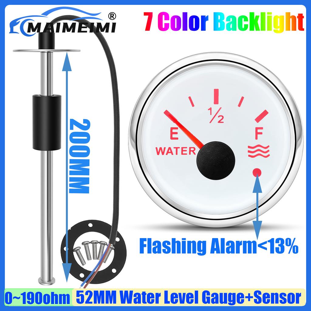 100~550mm Water Level Float Sensor 0-190ohm 52mm Water Level Gauge with Flash Alarm 7Color Light for Auto Car Boat Yacht 12V24V