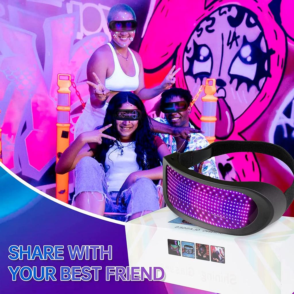 LED Smart Glasses Support APP Control, Party Bluetooth Glasses for Birthday, Bar, Flashing Display DIY Animation, USB Rechargeable Shining Glasses