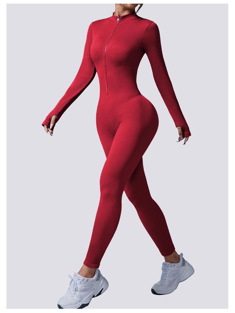 European-Style One-Piece Sport Jumpsuit for Women with Zipper, Stand Collar, Long Sleeves, Thumb Holes, Hip Lifting, and Tummy Control