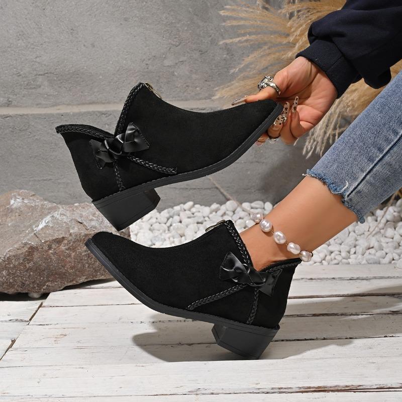 New Winter Chunky Cotton Boots Women's Pointed Suede Butterfly Knot Side Zipper Soft-soled Non-slip Ankle Boots