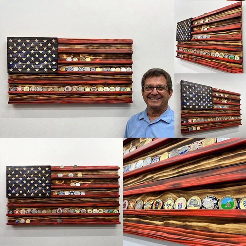American Flag Challenge Coin Display 7 Rows Wood Coin Stand Rack For Wall Mount Hang Decoration Commemorative Display Stand