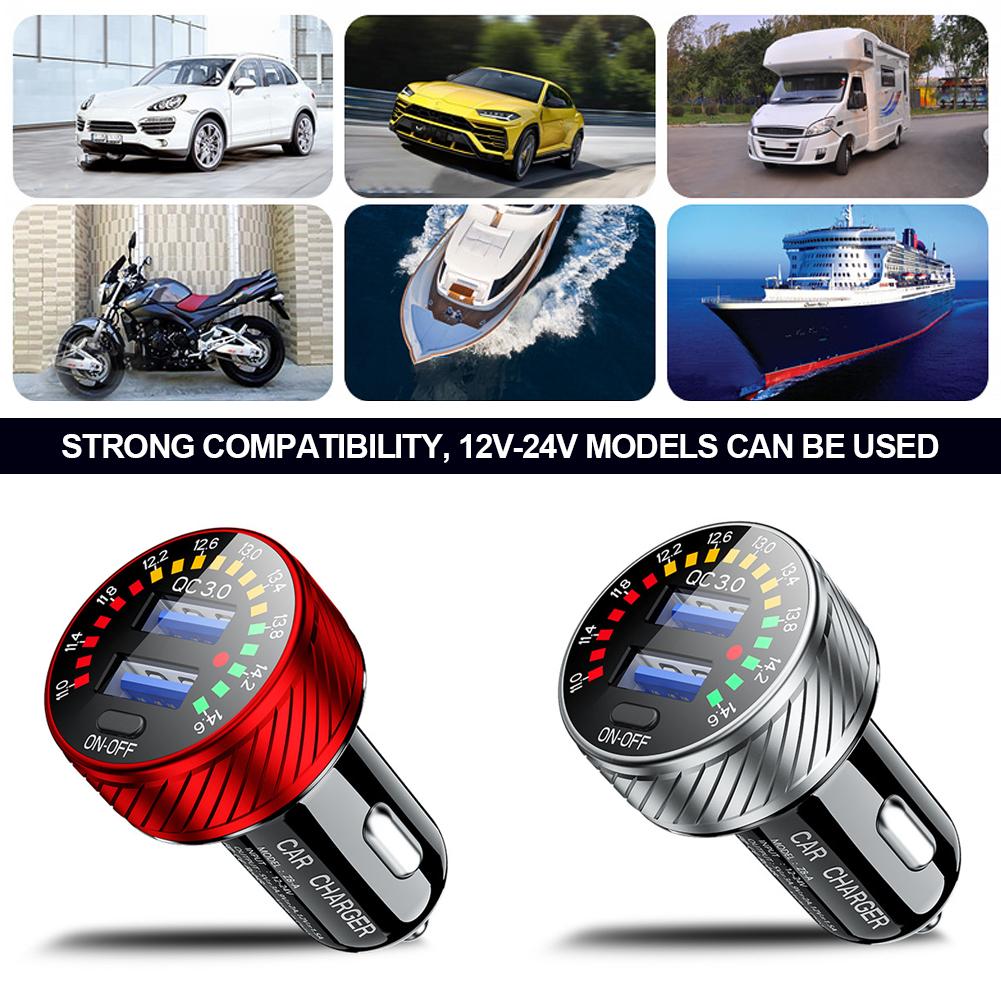 Car Dual QC 3.0 USB Charger Adapter 18W Fast Charging Marquee Light LED Voltmeter with ON OFF Switch 12V- 24V Waterproof